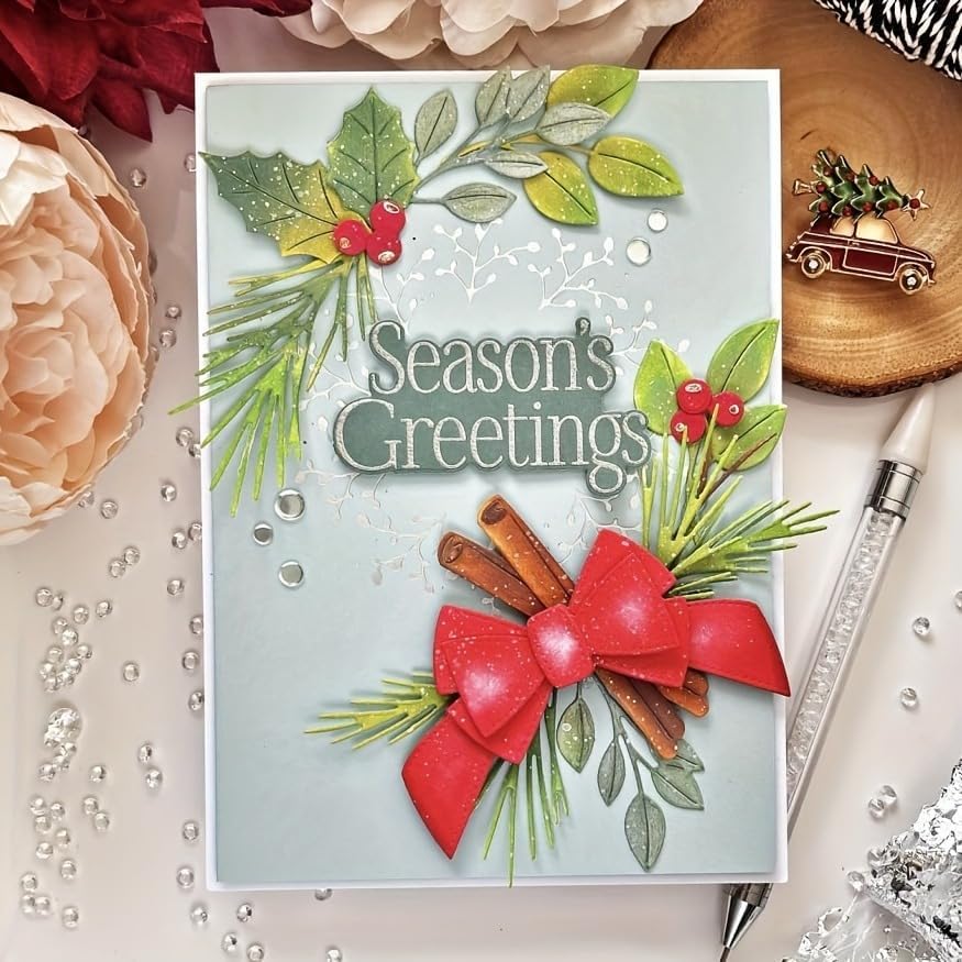 Flowers Metal Cutting Die for Scrapbooking - Cut Stencils for DIY Scrapbook Photo Album Decorative Paper Card, Card Making Supplies, Stencils & Crafting Die Cut (Green Leaves and Bow 7.1 x 4.1 in)