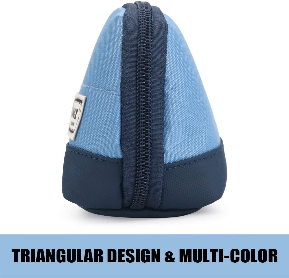 Sooez Wide-Opening Pencil Pen Case, Lightweight & Spacious Pencil Pouch Zipper Stationery Bag, Aesthetic Supply with Triangular Design for Adults, Blue