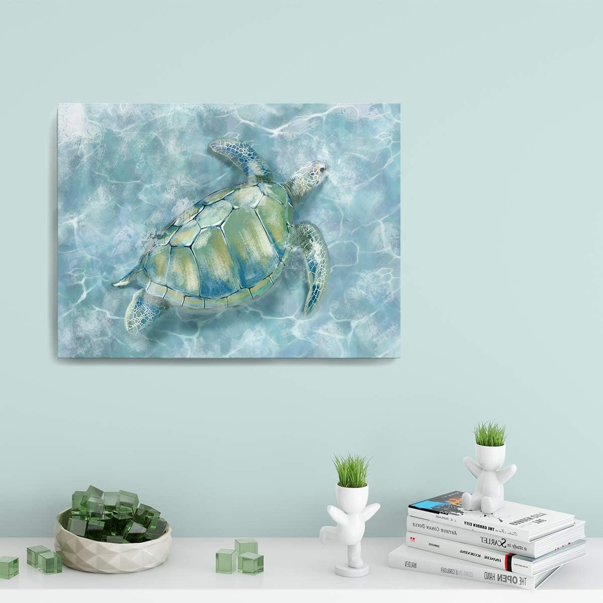 YJYart Bathroom Wall Decor Sea Turtle HD Pictures Print on Canvas Wall Art for Bedroom Kitchen Blue Coastal Room Decorations Art Work Green Turtle on Blue 12x16 inches