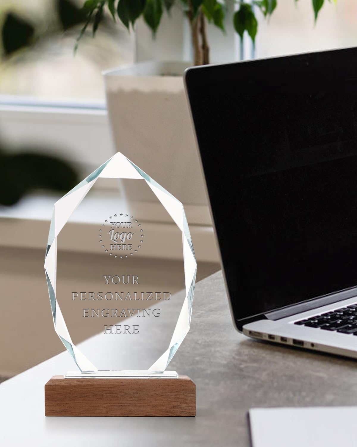 Personalized Crystal Trophy Award with Solid Wood Base - Custom Engraved Plaques for Employee Recognition, Sports Trophies, Thanks Gifts