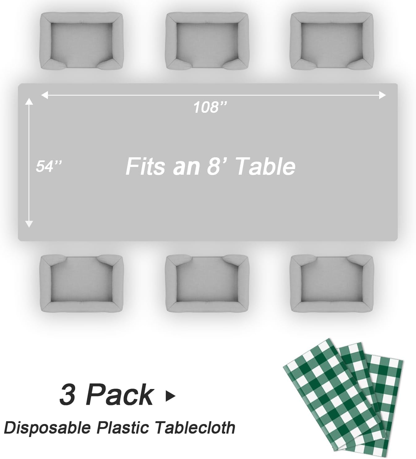 QIKSION Green Gingham Tablecloth Disposable 3 Pack, 54 x 108 Inch Green and White Checkered Table Cloth for Rectangle Tables, Plastic Table Cover