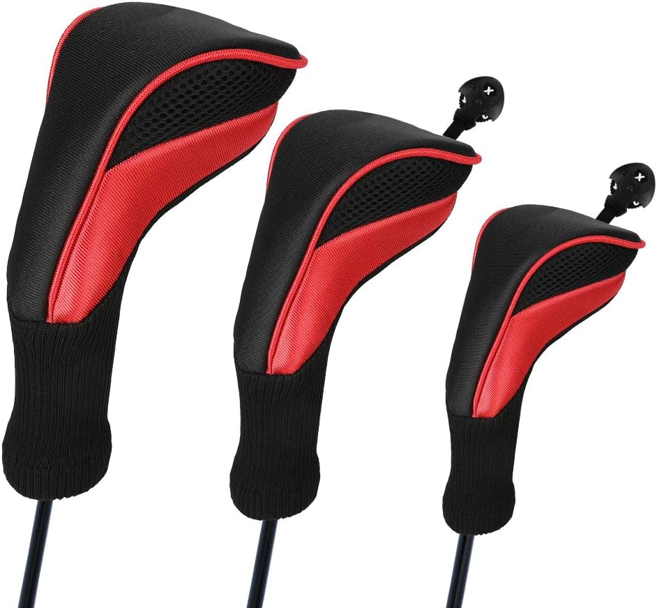 Golf Club Head Covers for Fairway Woods Driver Hybrids, 3Pcs Long Neck Mesh Golf Club Headcovers Set with Interchangeable No. Tags 3 4 5 6 7 X