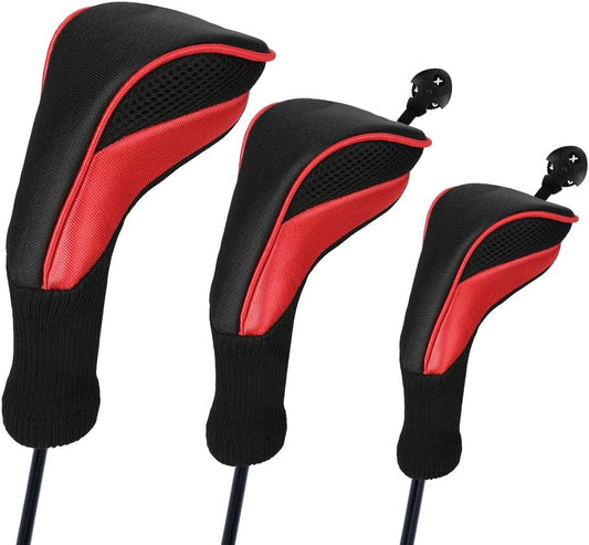 Golf Club Head Covers for Fairway Woods Driver Hybrids, 3Pcs Long Neck Mesh Golf Club Headcovers Set with Interchangeable No. Tags 3 4 5 6 7 X