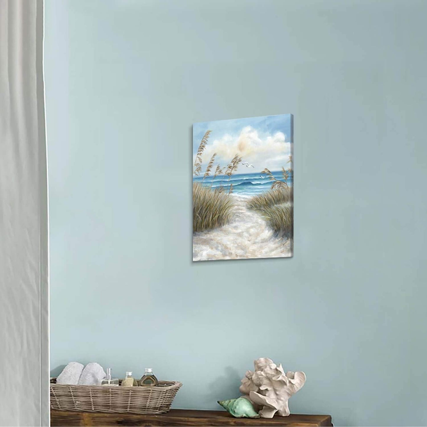 Abstract Beach Picture Wall Art: Sandy Path to Ocean with Sea Grass Artwork Painting for Bedroom (16'' x 12'' x 1 Panel)