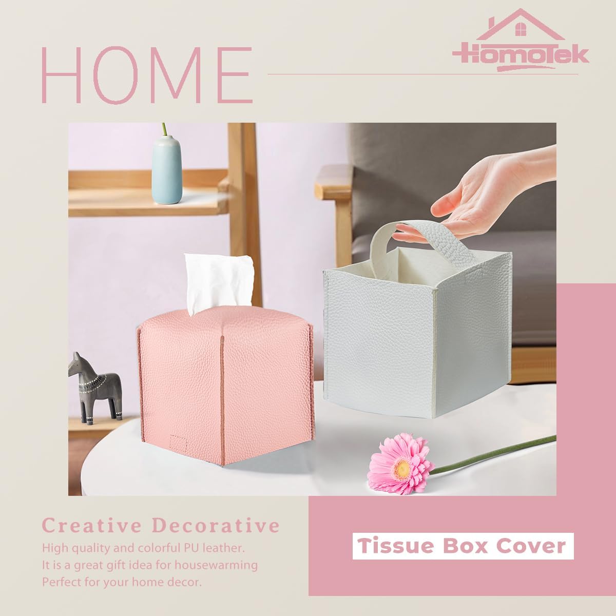 HOMOTEK 2 Pack Tissue Box Cover, Square PU Leather Tissue Holder, Decorative Facial Tissue Cube Paper Organizer Dispenser for Bathroom, Night Stands, Desk, Car 5X5X5'' - Dusty Rose, Pebble Grain