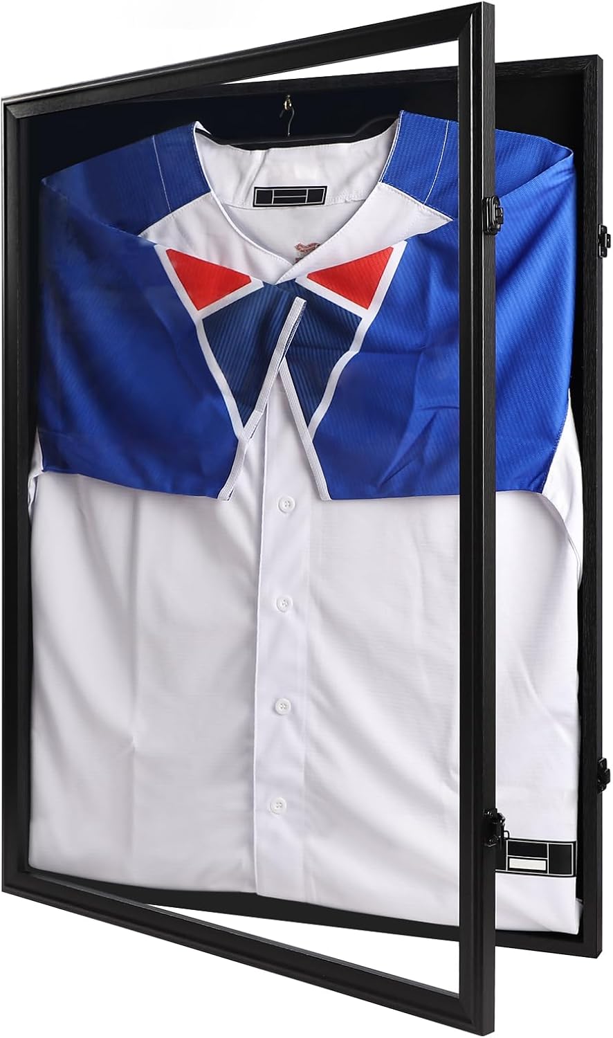 IHEIPYE Jersey Frame Display Case Black Lock,Large Shadow Box Lockable with 98% UV Protection Acrylic and Hanger for Baseball Basketball Football Soccer Hockey 2XL Sport Jersey Shirt