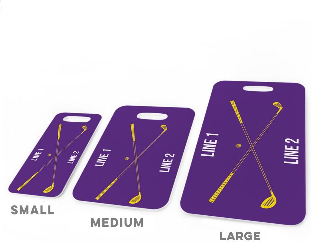 ChalkTalkSPORTS Golf Luggage & Bag Tag | Personalized Crossed Golf Clubs | Standard Lines on Back | Small | Purple/Yellow