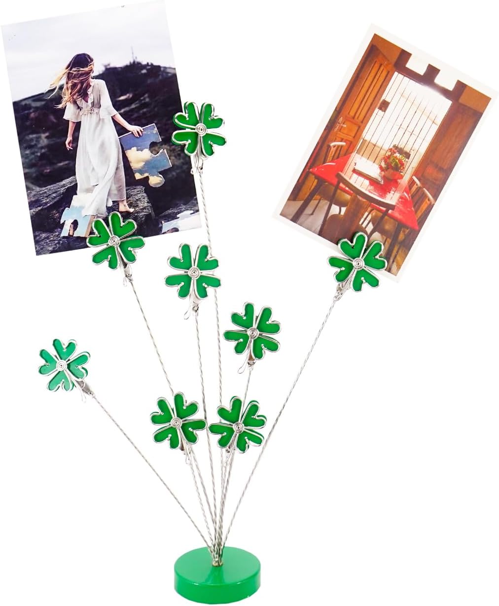 8-Branch Family Tree Picture Frame Holder, Card Photo Clips Holder Desk Stand for Memo Paper Note Photo Christmas Wedding Card Display (Green Clover)