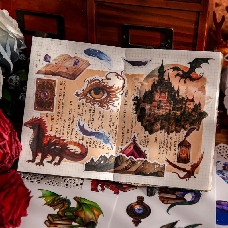 Pre-Cut Dragon and Witch Sticker Book Set, 40 Pages of Fantasy Ephemera for Scrapbooking, Journaling, DIY Crafting, and Art Supplies