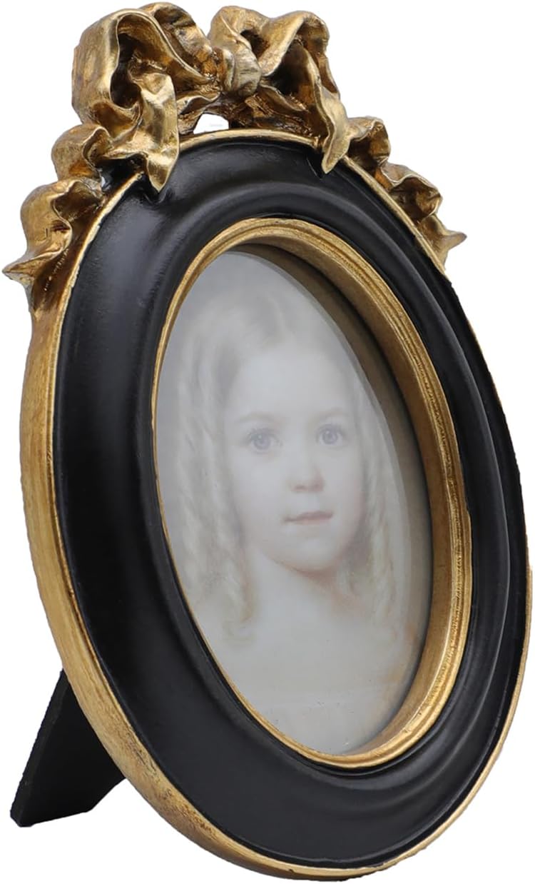 SYLVIA'S SHOP 2.5x3.5 Small Vintage Oval Picture Frame, Mini Antique Ornate Photo Frame, for Tabletop and Wall Display, Retro Home Decor, Old Fashioned Photo Gallery Art, Black and Gold