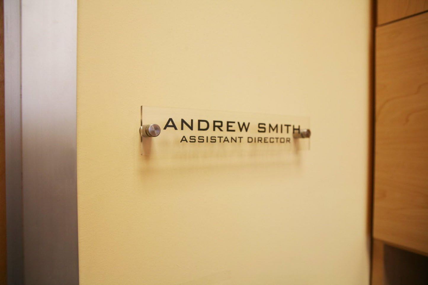 Personalized Office Wall Name Plate Sign. Modern Stainless Steel Legs (Clear See Through)