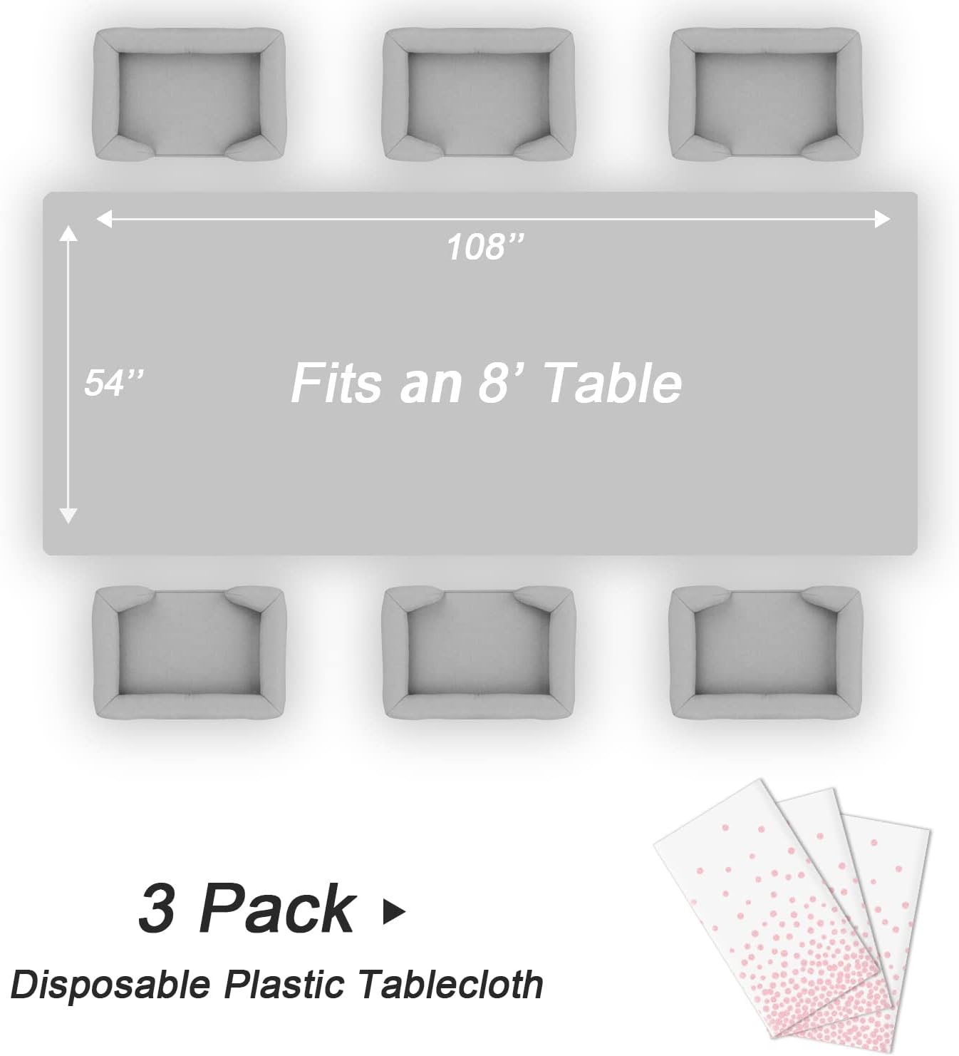 QIKSION 3 Pack White and Pink Dot Plastic Tablecloth, Waterproof Disposable Party Table Cloths for Baby Shower, Wedding, Anniversary, Birthday Party(54 × 108 Inch)