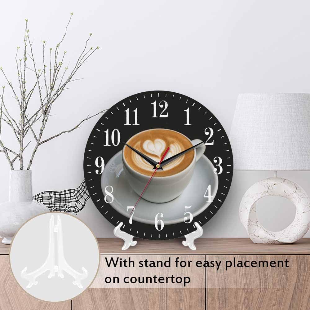Mxocom Coffee Wall Clock Cappuccino Art Heart Pattern 10 Inch Silent Non Ticking Battery Operated Clock Vintage Round Clock for Living Room Bedroom Bathroom Office Decor