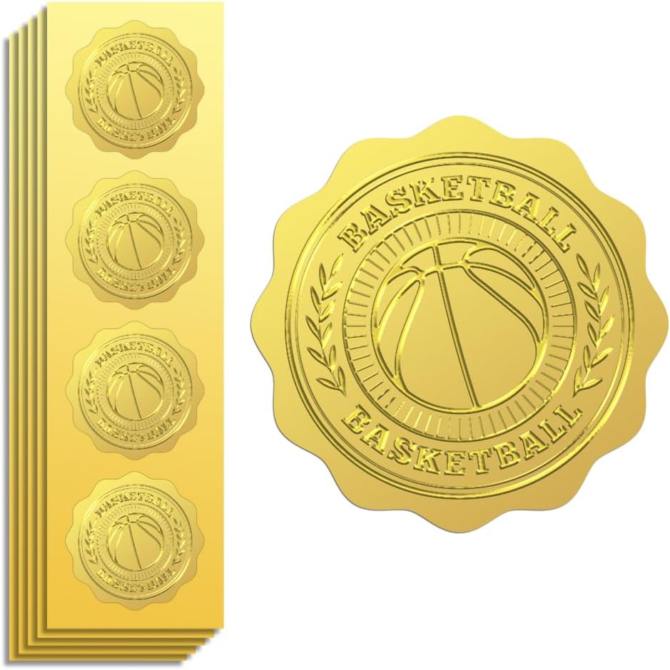Peacoblue Gold Foil Stickers Seals Embossed 2 Inch 100Pcs Basketball, Self Adhesive Gold Around Embossing Sticker for Sport Certificate Paper Envelope Seal Gift Card Present Decoration