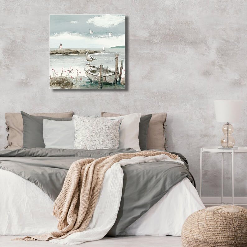dgbtcart Coastal Bathroom Decor Vintage Ocean Theme Wall Art Sea Birds Seagull on the Boat Canvas Print Seascape Beach Pictures Artwork Hanging for Dining Office Living Room Bedroom 20"x20"inch