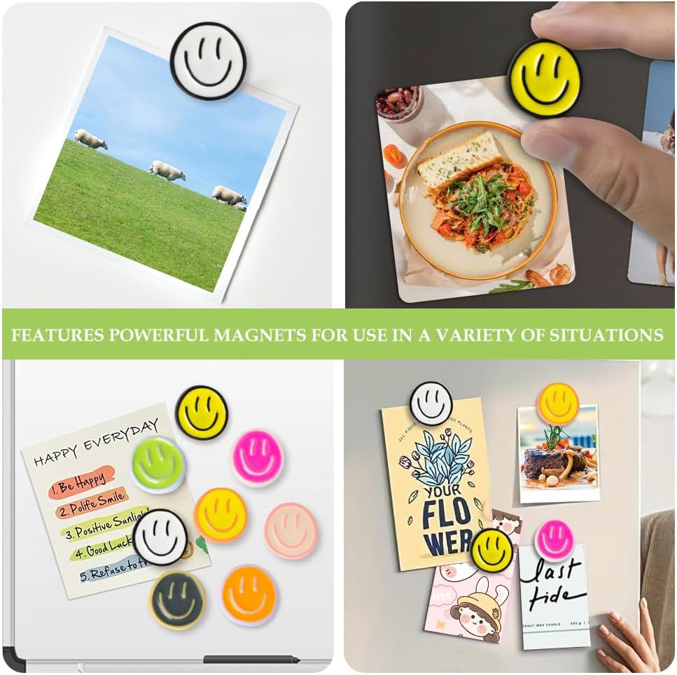 rhinocats Locker Magnets for Girls，Cute16Pcs Fridge Magnets,Colorful Decorative Resin Smiley Face Refrigerator Magnets, Strong Whiteboard Magnets for Classroom, Office, or Home Use