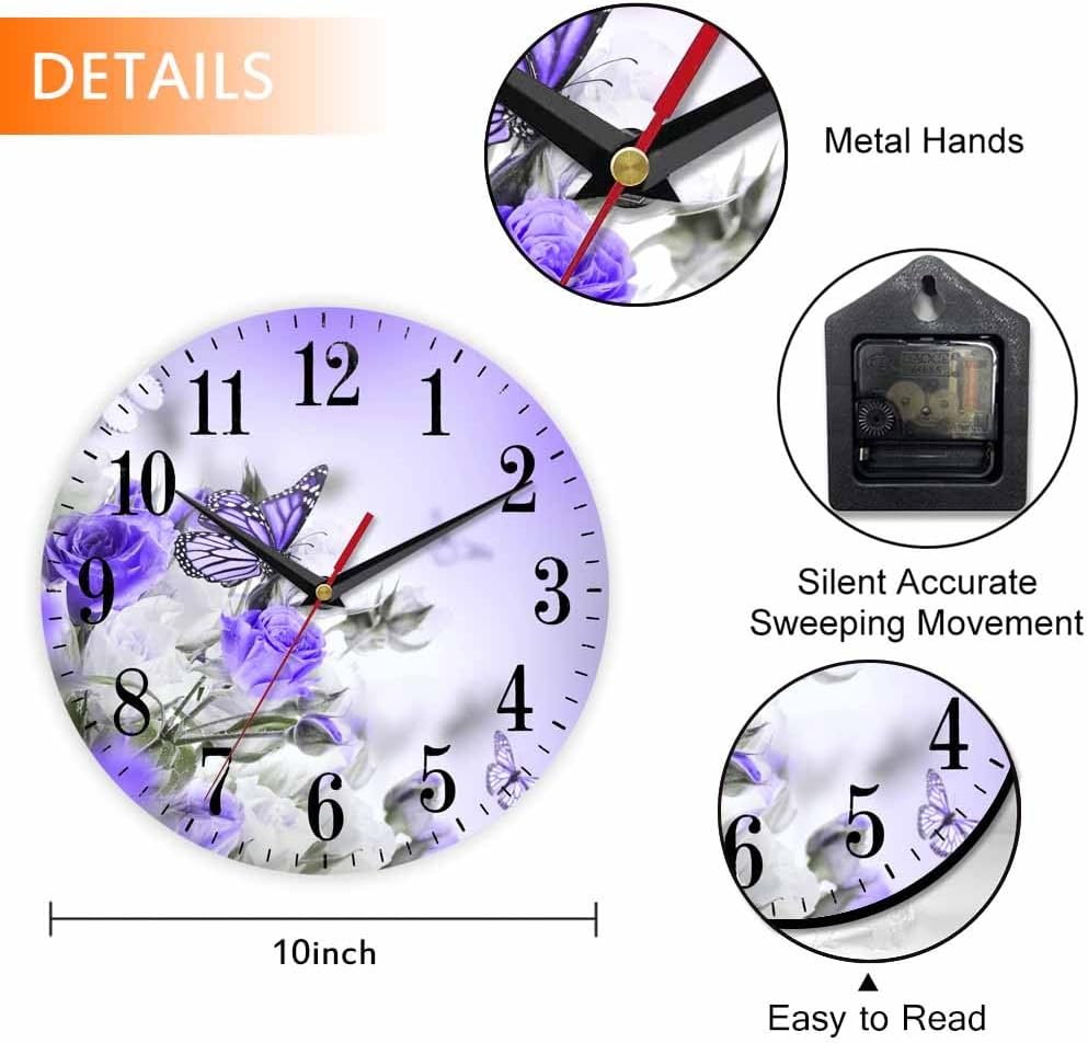 Mxocom Butterfly Floral Wall Clock Bouquet of White and Purple Roses 10 Inch Silent Non Ticking Battery Operated Clock Vintage Round Clock for Living Room Bedroom Bathroom Office Decor