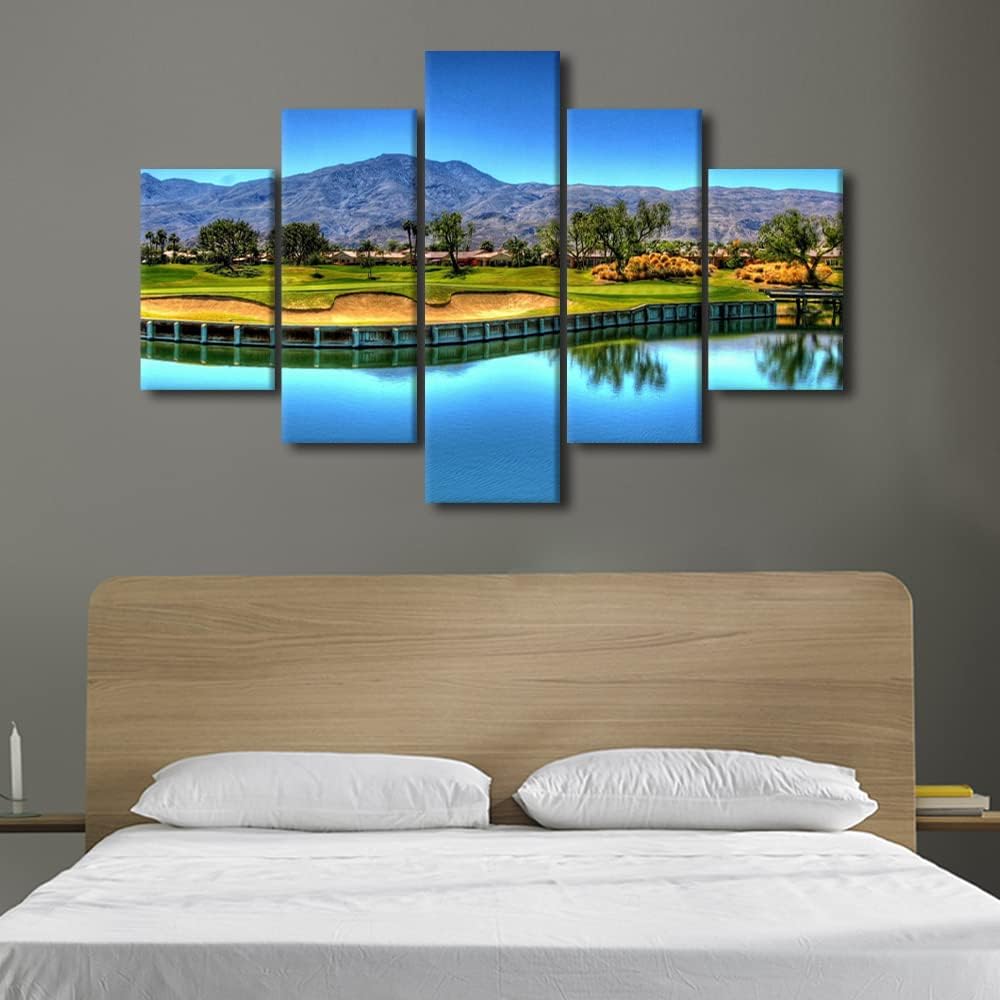 Living Room House Decorations Golf Course Pictures Green Meadow Paintings Giclee Multi Panel Prints Wall Art on Canvas Premium Quality Artwork Wooden Framed Stretched Ready to Hang(60" W x 40" H)