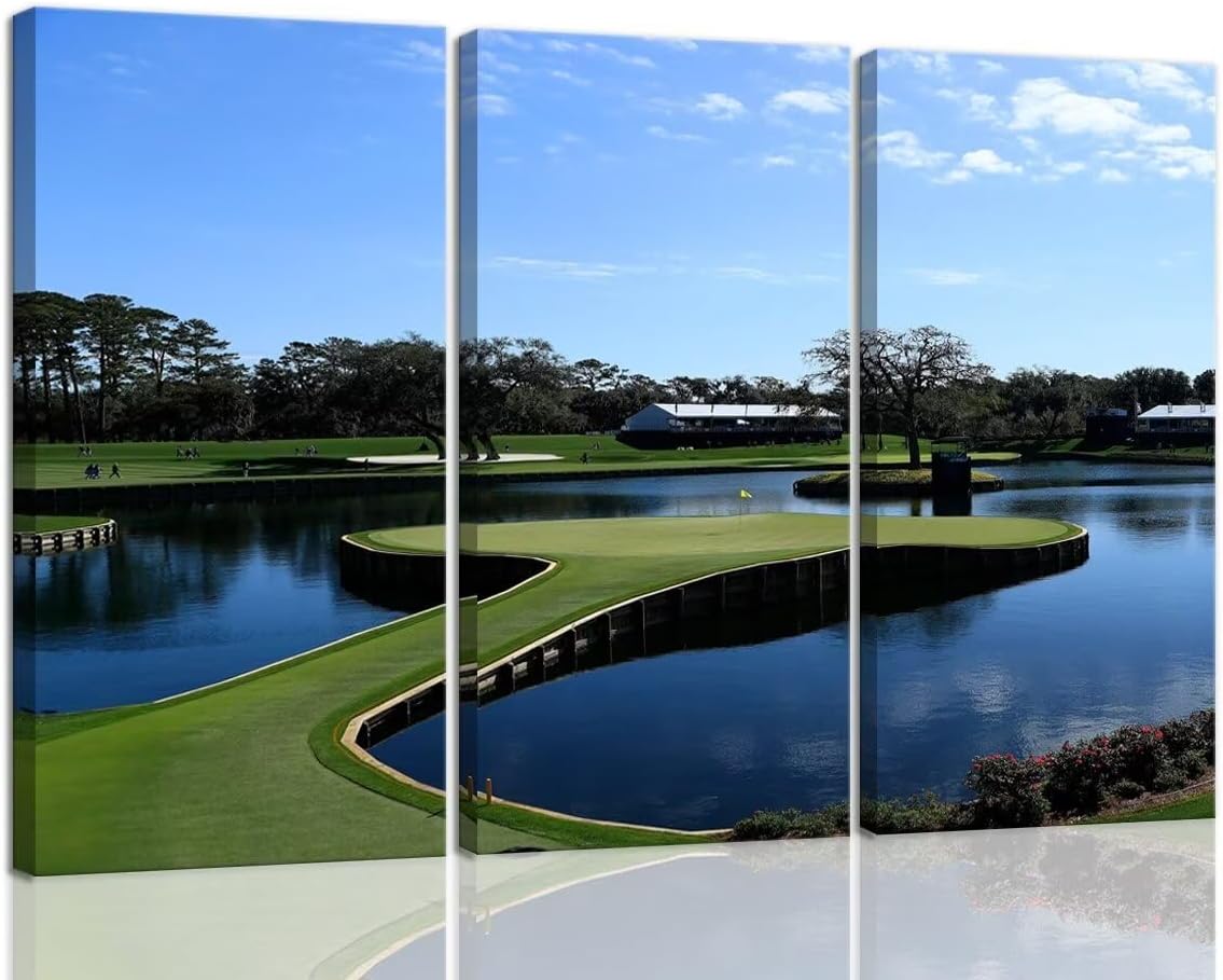 USA Golf Course Wall Art for Living Room Bedroom Bathroom Home Decorations TPC Sawgrass Golf Course Pictures Posters Framed Artwork Ready to Hang(14''W x 28''H x3)