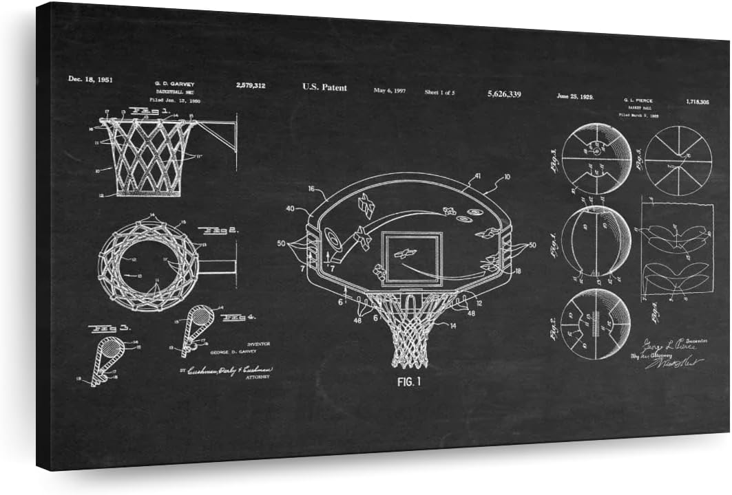 ElephantStock Basketball Patents Canvas - 1 Panel Sports Patent Wall Art Decor - Sports Decorations for Boys Room - Wall Art and Office Decor - 45" X 30"