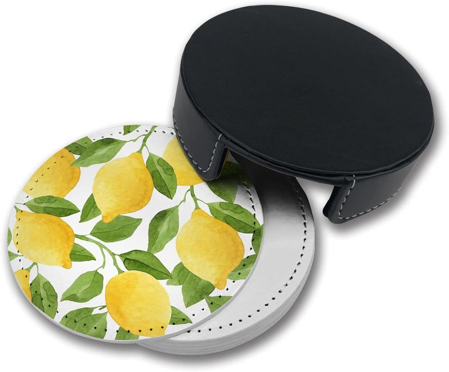 Lemon Leather Drinks Coasters with Holder Set of 6, Suitable for Kinds of Cups