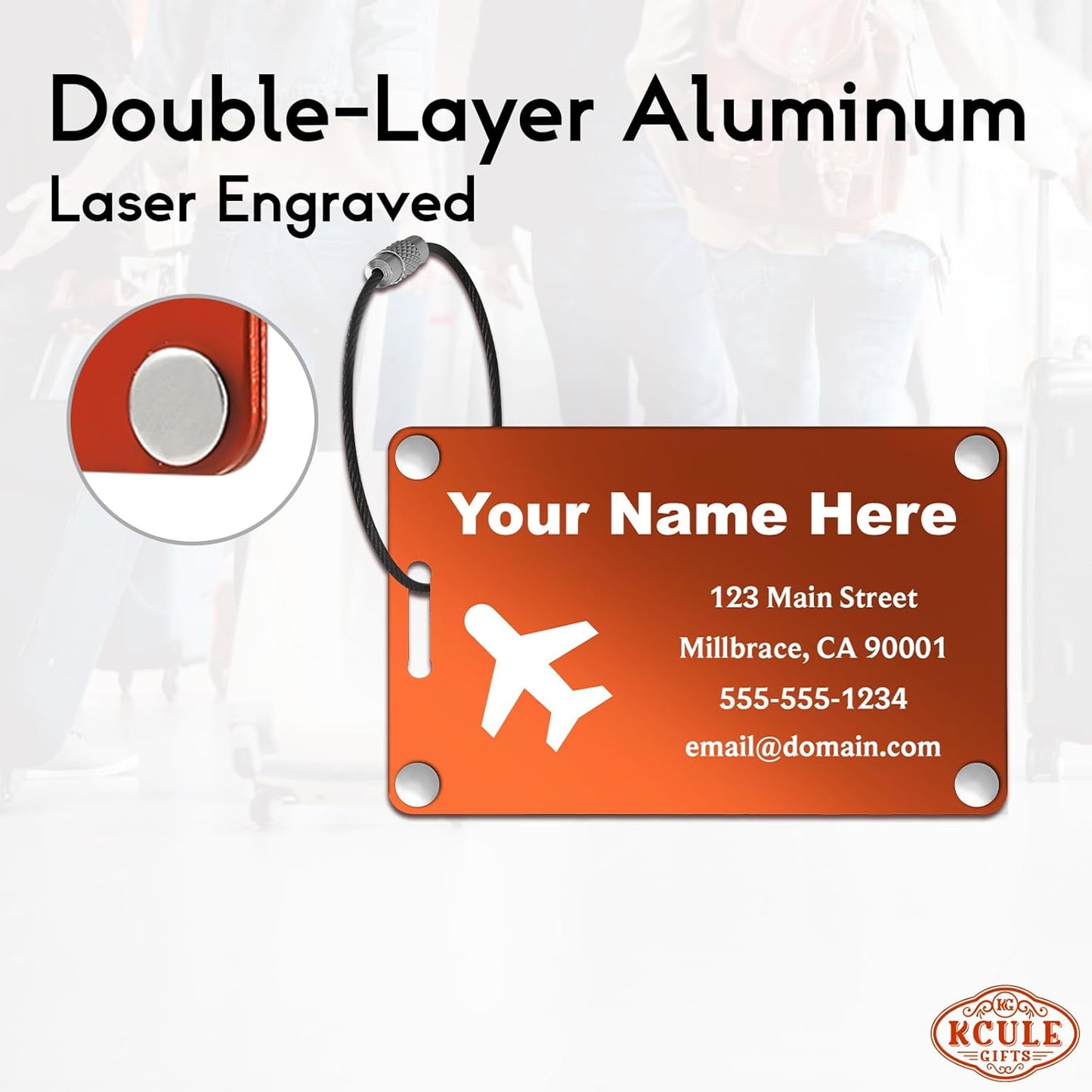 Personalized Luggage Tags: Custom Metal Luggage Tags for Suitcases, Backpacks and Bags with Your Personalized Text (Orange)