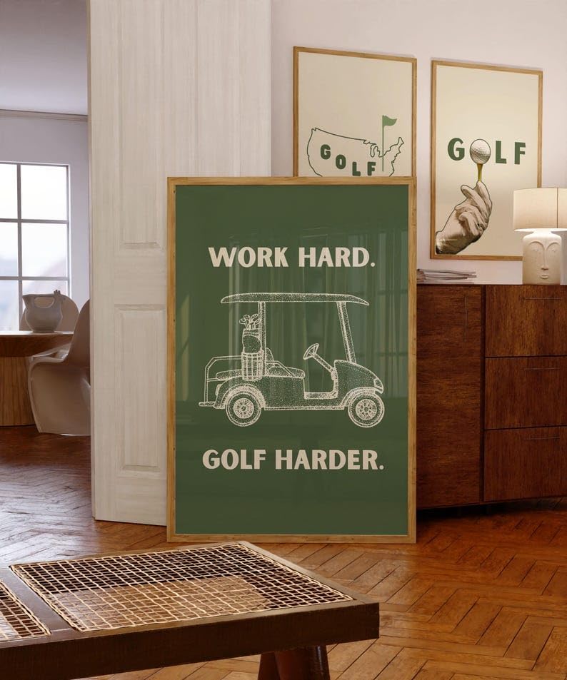 Work Hard Golf Harder Poster, Funny Retro Golf Cart Wall Art Print, Vintage Sports Decor for Man Cave or Office, Retro Golf Artwork for Dog Lovers, Husband, or Golf Friends (Unframed) (11x14)