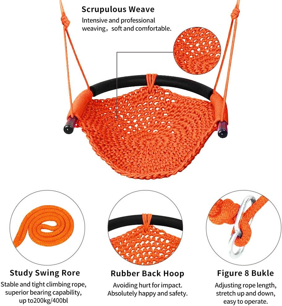Hand-Knitting Toddler Swing, Swing Seat for Kids with Adjustable Ropes, Little tikes Swings Set, for Outdoor Indoor, Playground, Backyard (Orange)