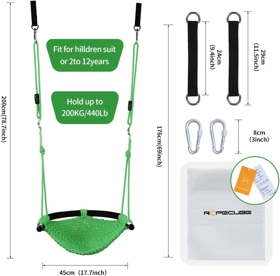 Hand-Knitting Toddler Swing, Swing Seat for Kids with Adjustable Ropes, Little tikes Swings Set, for Outdoor Indoor, Playground, Backyard (Green)