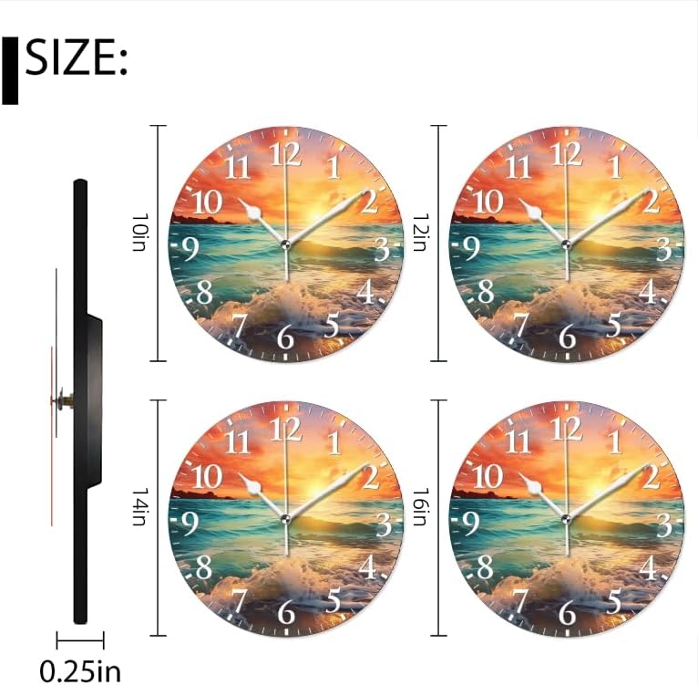 Beach Wall Clock Non-Ticking Silent Clocks Battery Operated Analog Decor Clock for Home-Beautiful Sunset Over The Ocean with Waves Crashing On The Shore(14inch)
