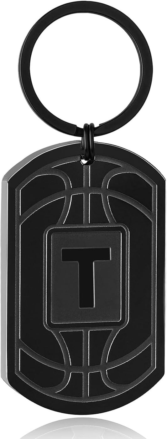 Initial Keychain Gifts for Men,Basketball Dog Tag Mens Keychains for Men Him Dad