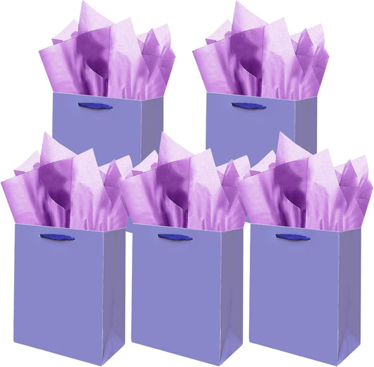 Gcardist Violet Gift Bags with Tissue Paper for Wedding, Birthday, Party Supplies-7.9"x4.3"x9.6" Medium Size Cardboard Gift Bags（5pcs Bags +10pcs Tissue Paper ）