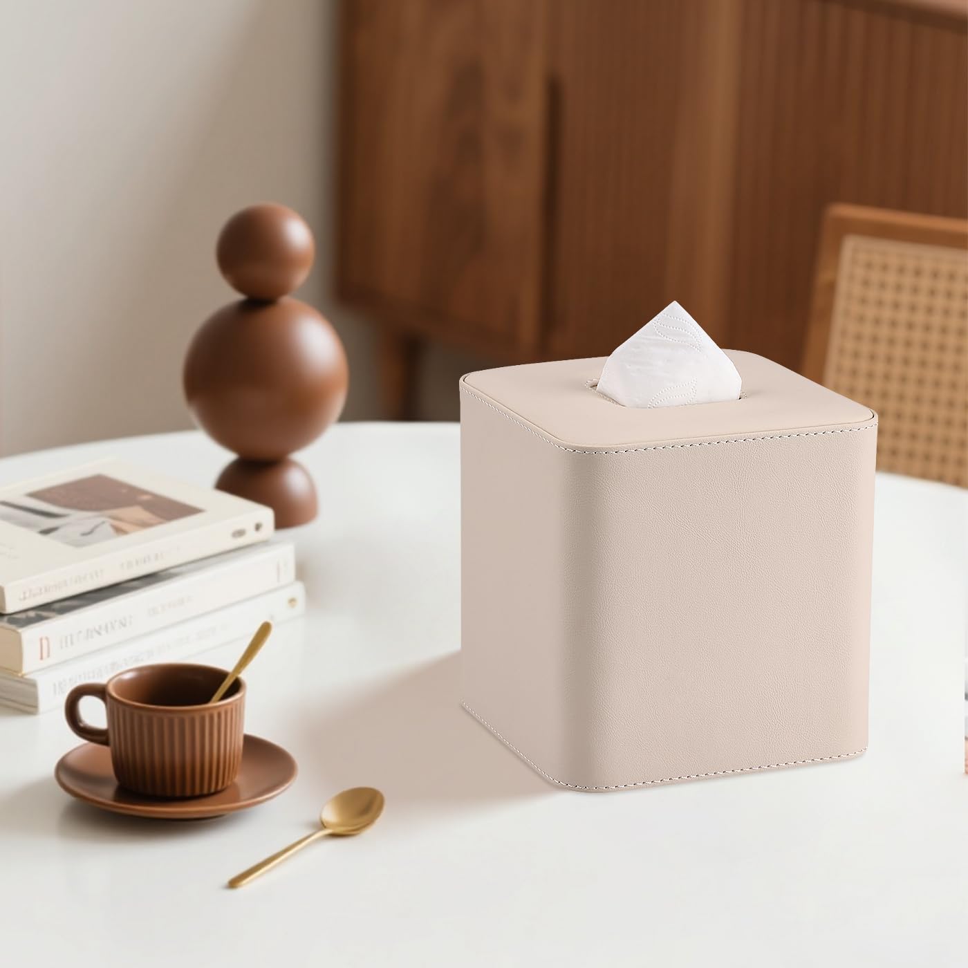GORESE Leather Tissue Box Cover Square Kleenexs Box Cover, Cute Tissue Box Holder for Cube Box Tissues, Tissue Cover for Bedroom, Living Room, Bathroom, Beige