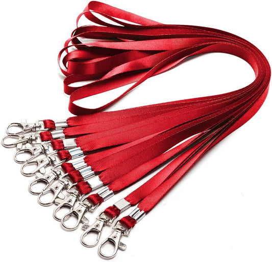Lanyards 10 Pcs Bulk Lanyard for Id Badges Flat Black Lanyard with Badge Clip Swivel Hook (10, Red)