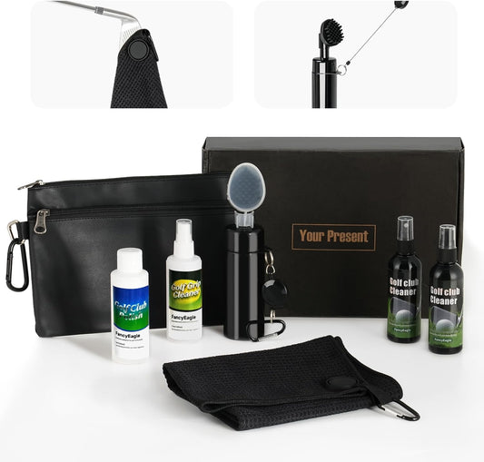 Golf Club Care Kit - Clean, Polish and Restore Irons, Drivers, Putters -Remove Rust, Scratches & Restore Tackiness | Includes Golf Club Cleaner, Polish, Grip Cleaner, Magnetic Towel & Golf Club Brush