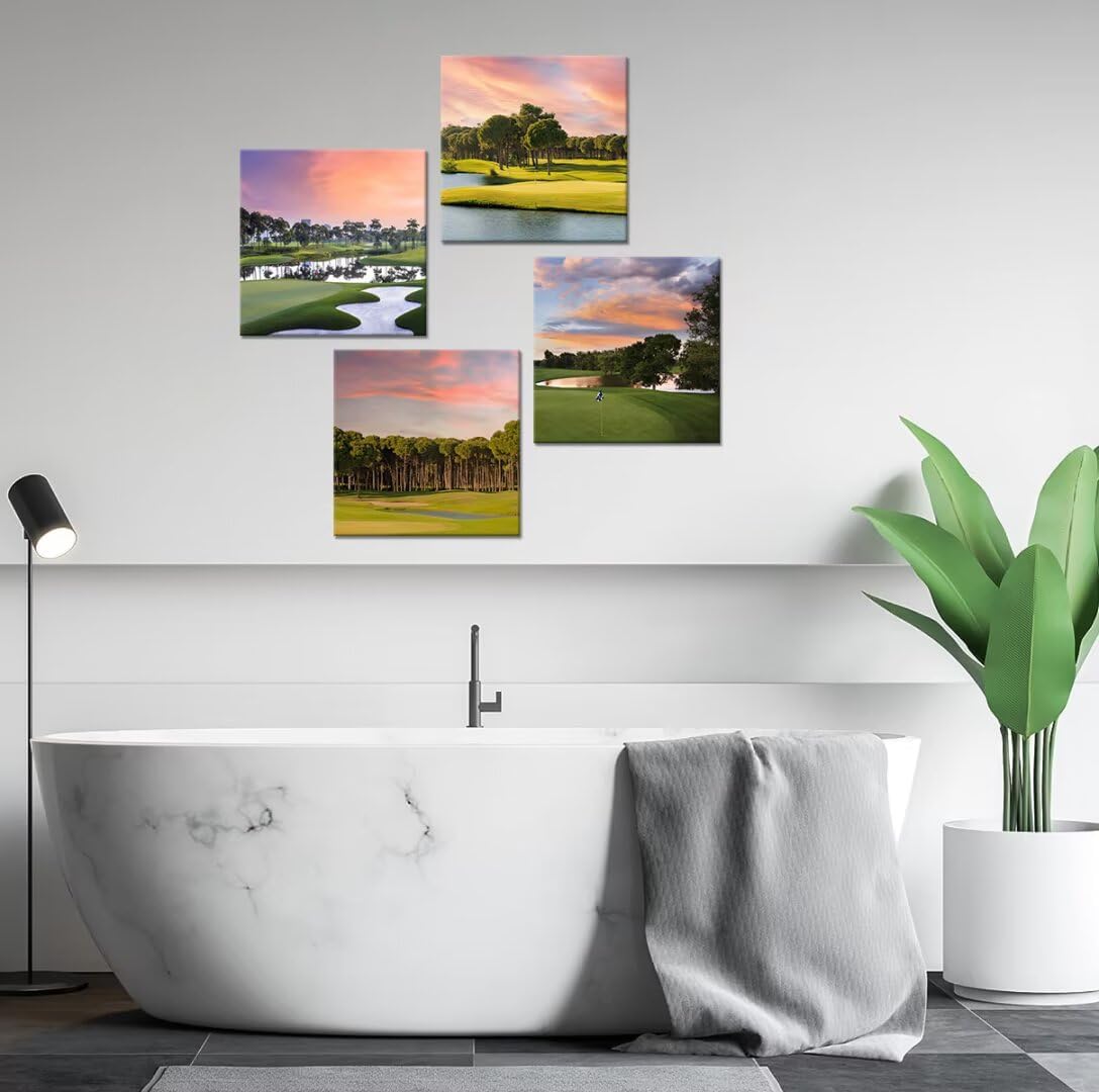 Pankila Golf Course Wall Art for Golf Gym Club Canvas Wall Decor Yellow Green Sunset Landscape Abstract Wall Painting Decor Living Room Bedroom Bathroom Frame Artwork (24''W x 24''H x 4)
