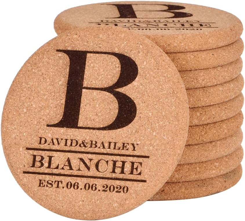 Personalized Cork Coasters for Drinks, Custom Engraved Absorbent Heat & Water Resistant Coasters for Cups and Mugs (B)