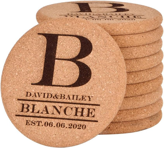 Personalized Cork Coasters for Drinks, Custom Engraved Absorbent Heat & Water Resistant Coasters for Cups and Mugs (B)