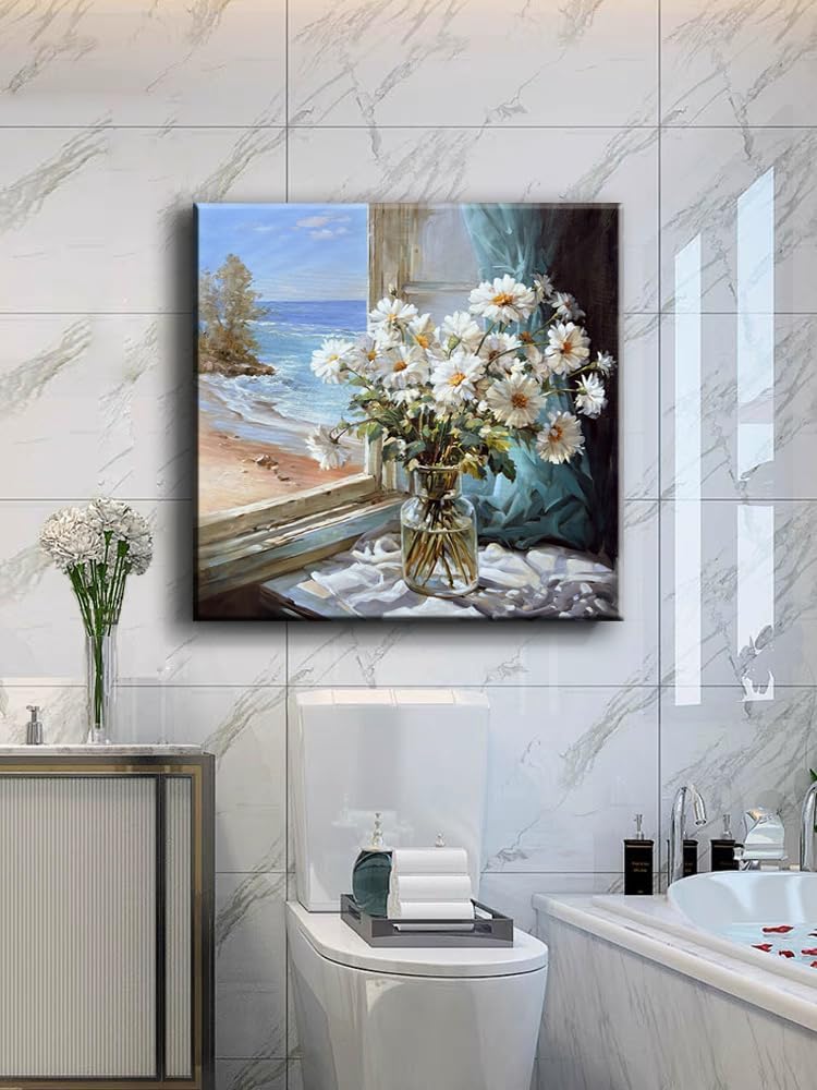 Bathroom Wall Decor White Flowers Canvas Wall Art Print Blue Beach Picture Ocean Modern Poster Coastal Seascape Painting Floral Daisy Artwork for Office Bedroom 20"x20"