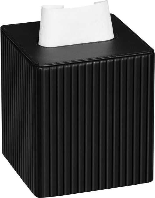 PU Leather Tissue Box Cover Square Tissue Box Holder with Magnetic Closure (Black Stripe)