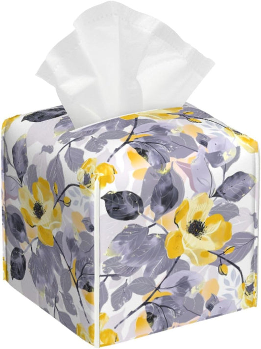 Tissue Box Cover Yellow Flower Grey Leaves Square PU Leather Tissue Box Holder for Car Bathroom Bedroom Desk Tabletop Decor