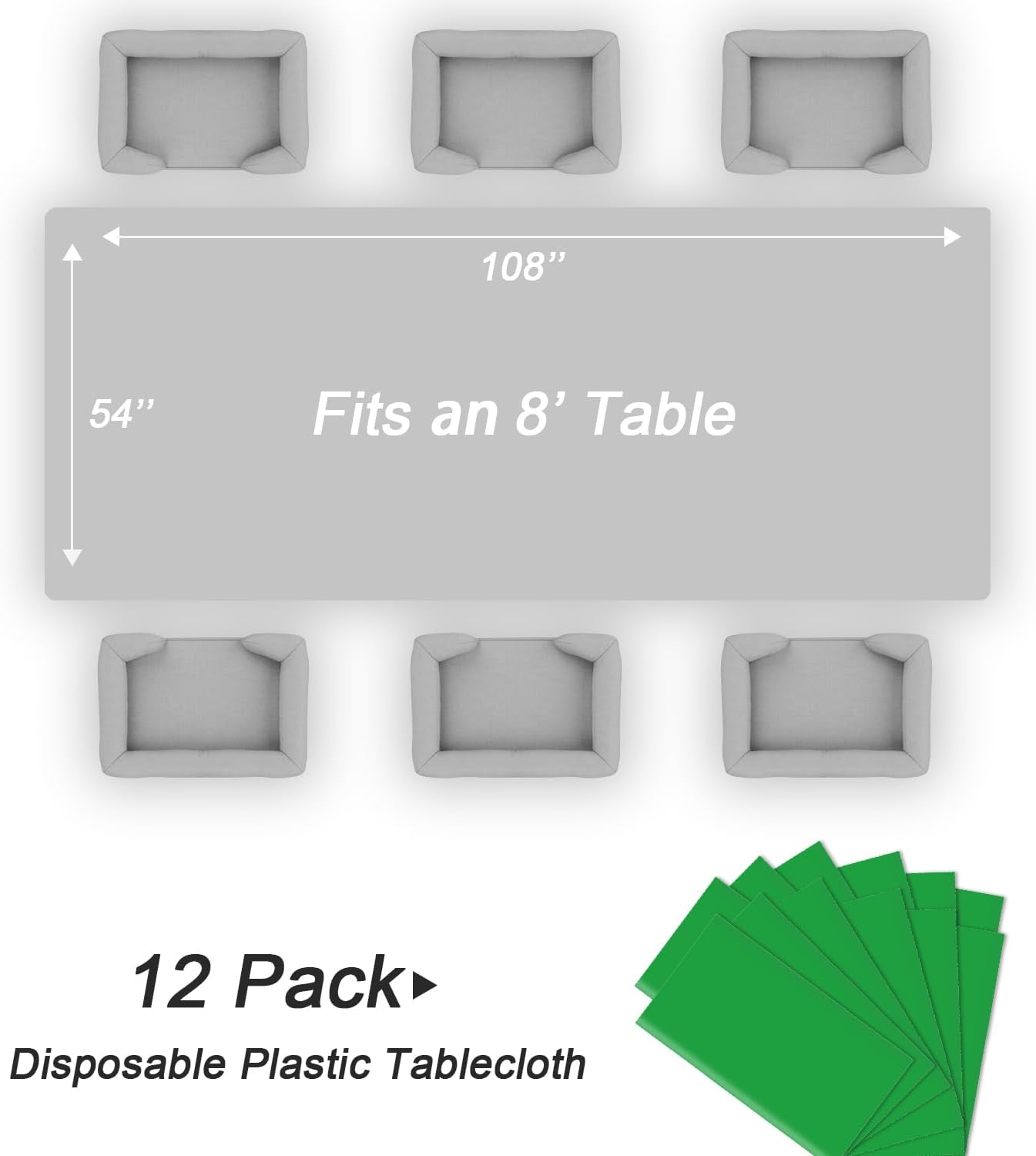 QIKSION Plastic Table Cloth Disposable 12 Pack, 54 x 108 Inch Tablecloths for Rectangle Tables, Green Plastic Table Cover
