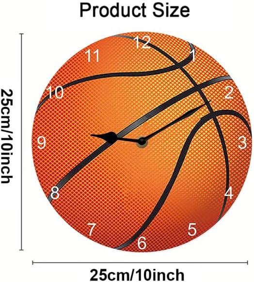 Basketball Wall Clock Sport Ball Wall Clock Wooden Bathroom Clock Battery Operated Non Ticking Silent Clocks Living Room Decorative Clock Round 10inch