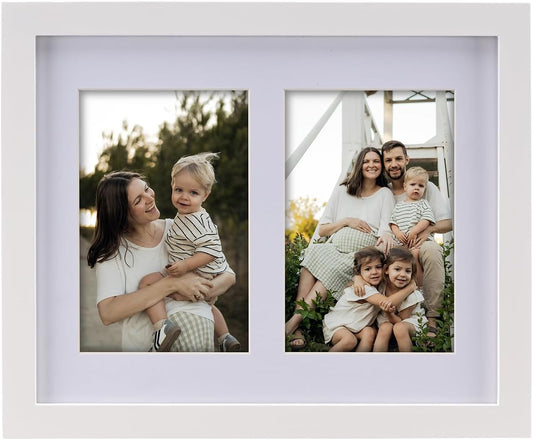8.5x11 Pine Wood Collage Picture Frame Double 5x7 Picture Frame with Tempered Glass Fits 1Pc Certificate or 2Pcs 5x7 Photos With Mat For Tabletop or Gallery Wall Mounted-Bright White
