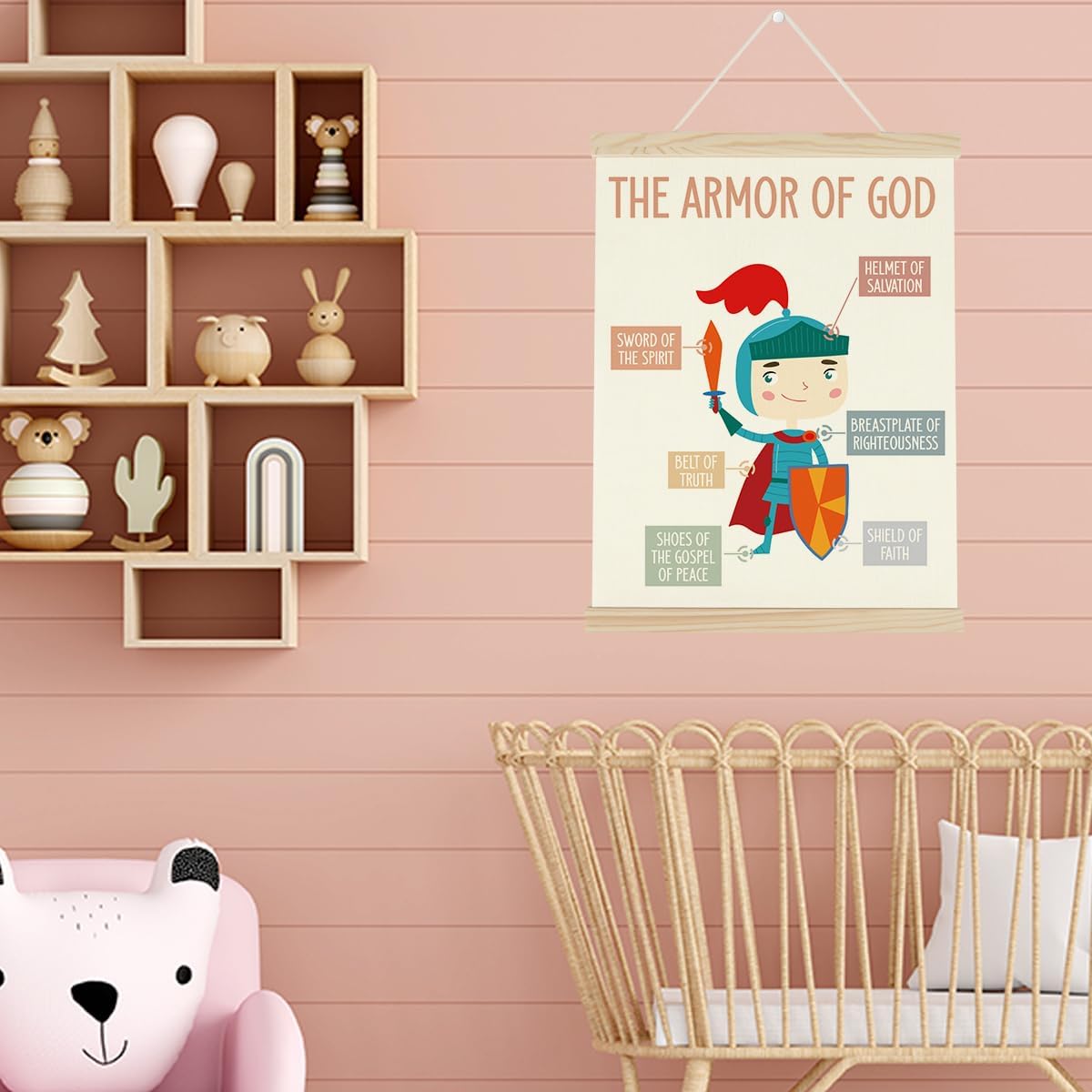 WINGTECA Kids Scripture Poster Christian Boho Decor Hanger Frame Classroom Back to School Decorations The Armor of God Colorful Wall Hanging Banner Decor for Classroom Kids Room Preschool 12x16Inch