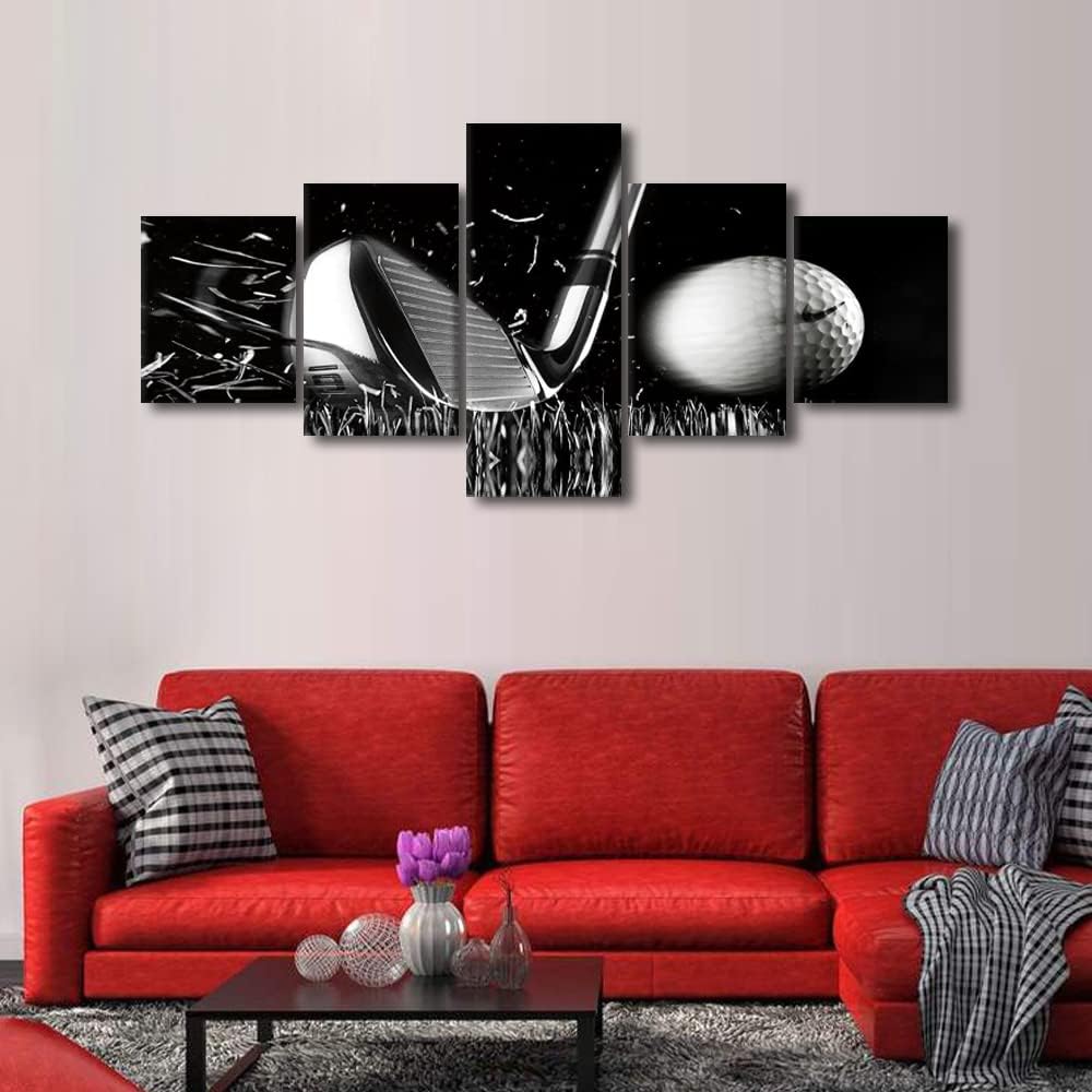 Black and White Paintings Golf Pictures 5 Panel Canvas Golf Ball Wall Art for Living Room Golfing Sport Golf Course Artwork Modern Home Decor Giclee Posters and Prints Framed Ready to Hang - 50"Wx24"H