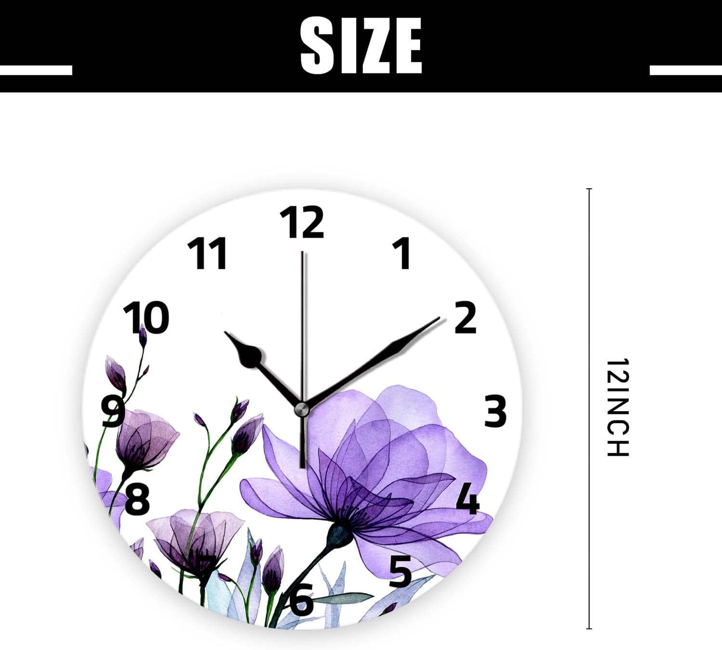 Battery Operated Wall Clocks 12 Inch,Purple Flowers,Silent Home Decor for Bathroom,Living Room,Bedroom