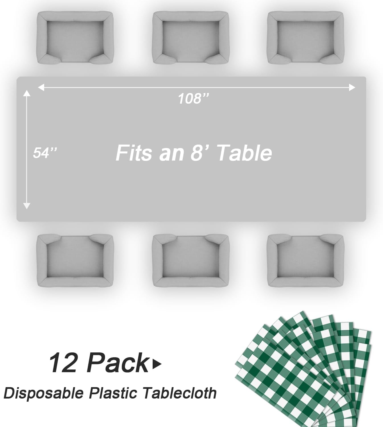 QIKSION Green Gingham Tablecloth Disposable 12 Pack, 54 x 108 Inch Green and White Checkered Table Cloth for Rectangle Tables, Plastic Table Cover