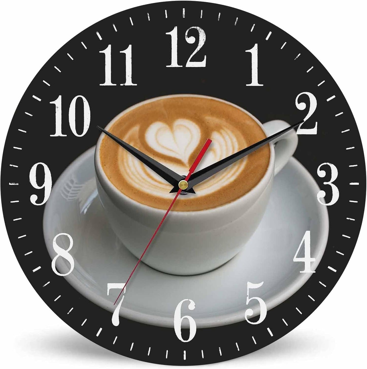 Mxocom Coffee Wall Clock Cappuccino Art Heart Pattern 10 Inch Silent Non Ticking Battery Operated Clock Vintage Round Clock for Living Room Bedroom Bathroom Office Decor