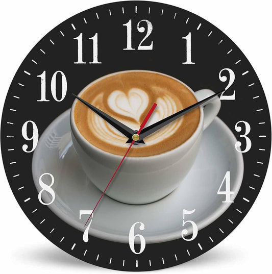 Mxocom Coffee Wall Clock Cappuccino Art Heart Pattern 10 Inch Silent Non Ticking Battery Operated Clock Vintage Round Clock for Living Room Bedroom Bathroom Office Decor